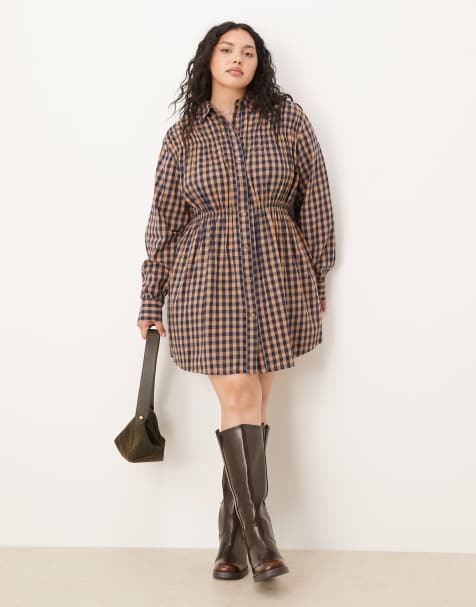 ASOS DESIGN Curve shirt mini dress with cinched waist in tan plaid - view 1