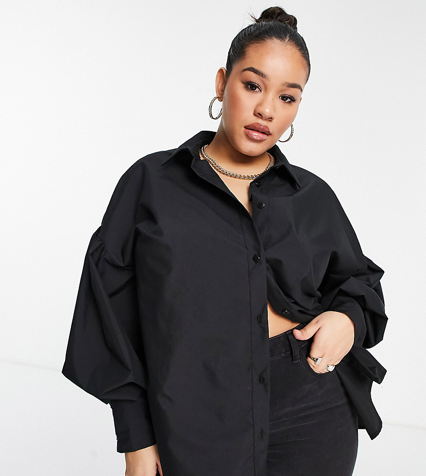 ASOS DESIGN Curve shirt with cuffed volume sleeve in black