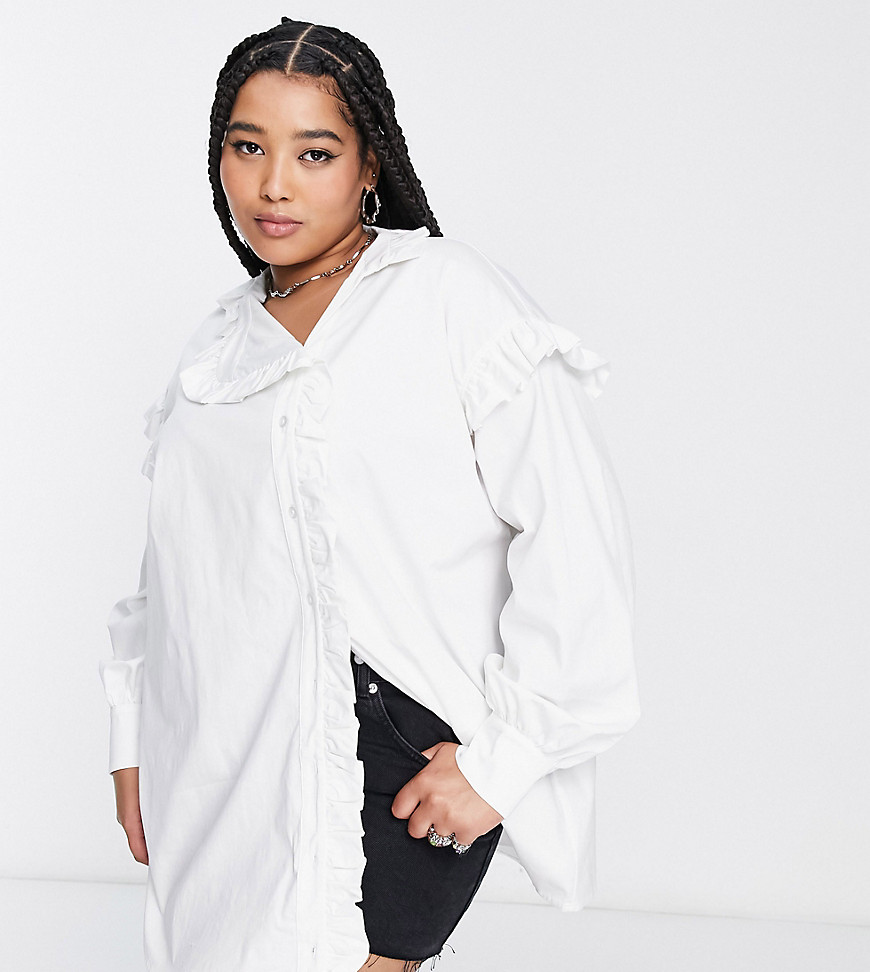 ASOS DESIGN Curve shirt with high neck collar and asymmetric frill in white-Black