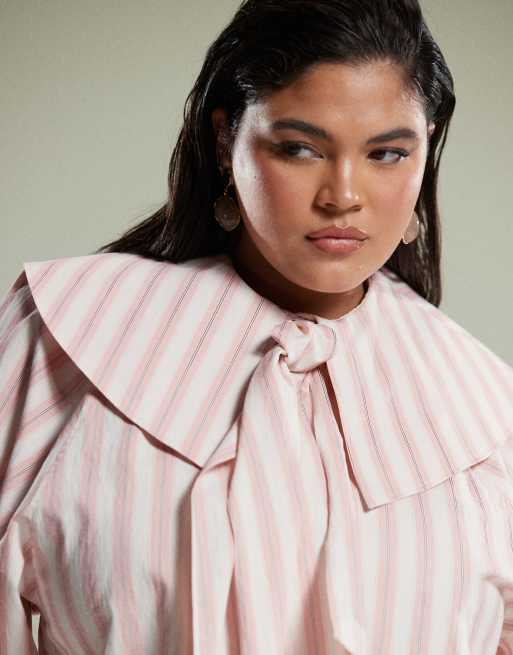 ASOS DESIGN Curve shirt with large collar and tie detail in pink stripe, 2 of 4
