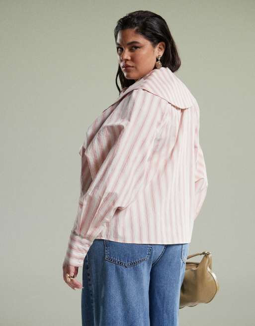 ASOS DESIGN Curve shirt with large collar and tie detail in pink stripe, 3 of 4