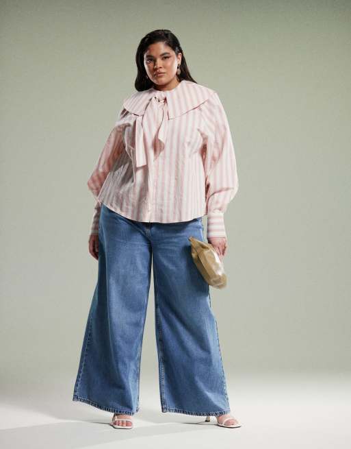 ASOS DESIGN Curve shirt with large collar and tie detail in pink stripe, 4 of 4