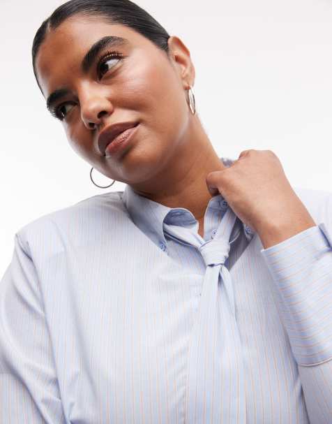 ASOS DESIGN Curve shirt with tie in blue stripe - view 1
