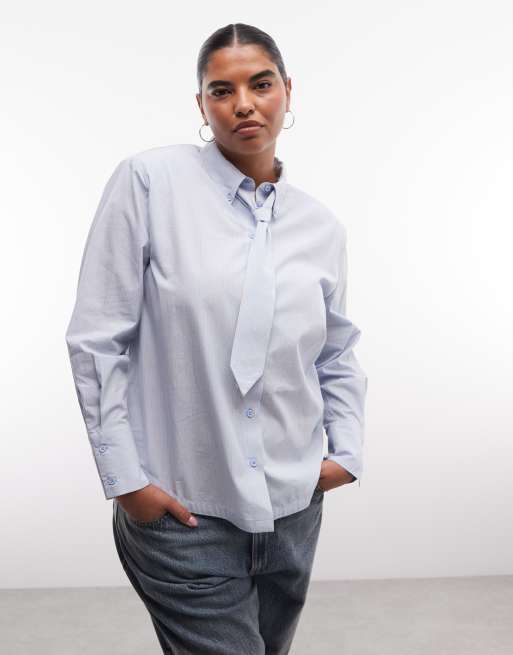 ASOS DESIGN Curve shirt with tie in blue stripe, 4 of 4