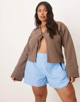 Curve - Short ajusté style caleçon en aspect lin - Bleu clair 3XL