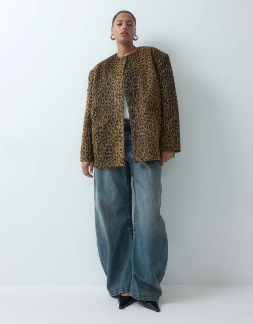 ASOS DESIGN Curve short collarless brushed faux pony jacket in animal, 3 of 5