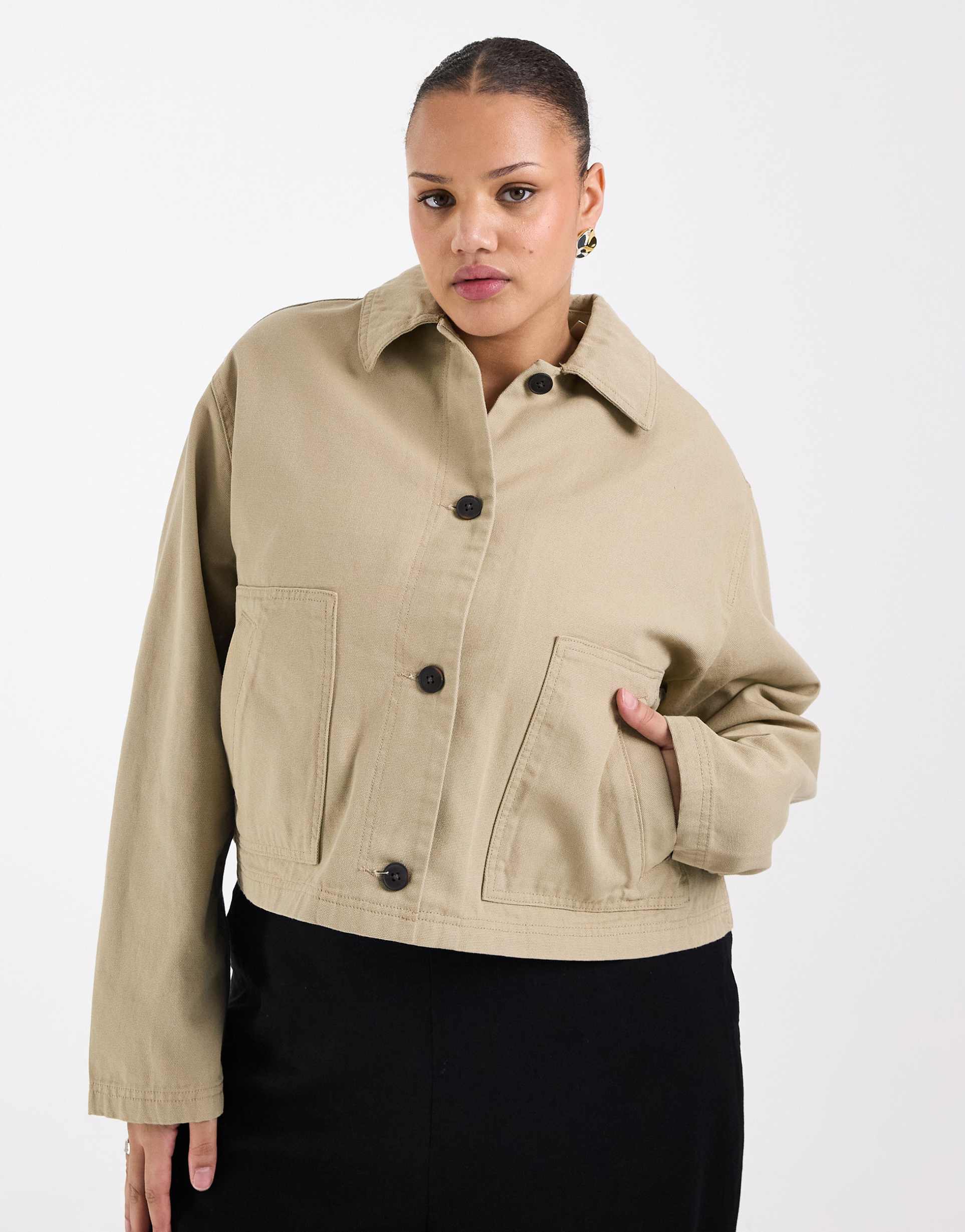 asos design curve short cotton harrington jacket in mushroom