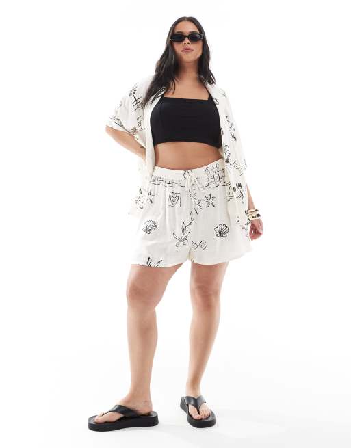 ASOS DESIGN Curve - Short d'ensemble en lin mélangé à imprimé esquisses, 2 de 5