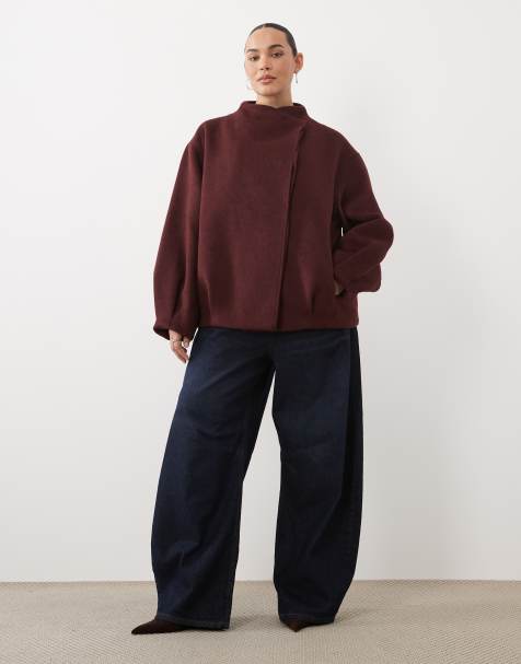 ASOS DESIGN Curve short formal waterfall coat with wool in burgundy - view 1