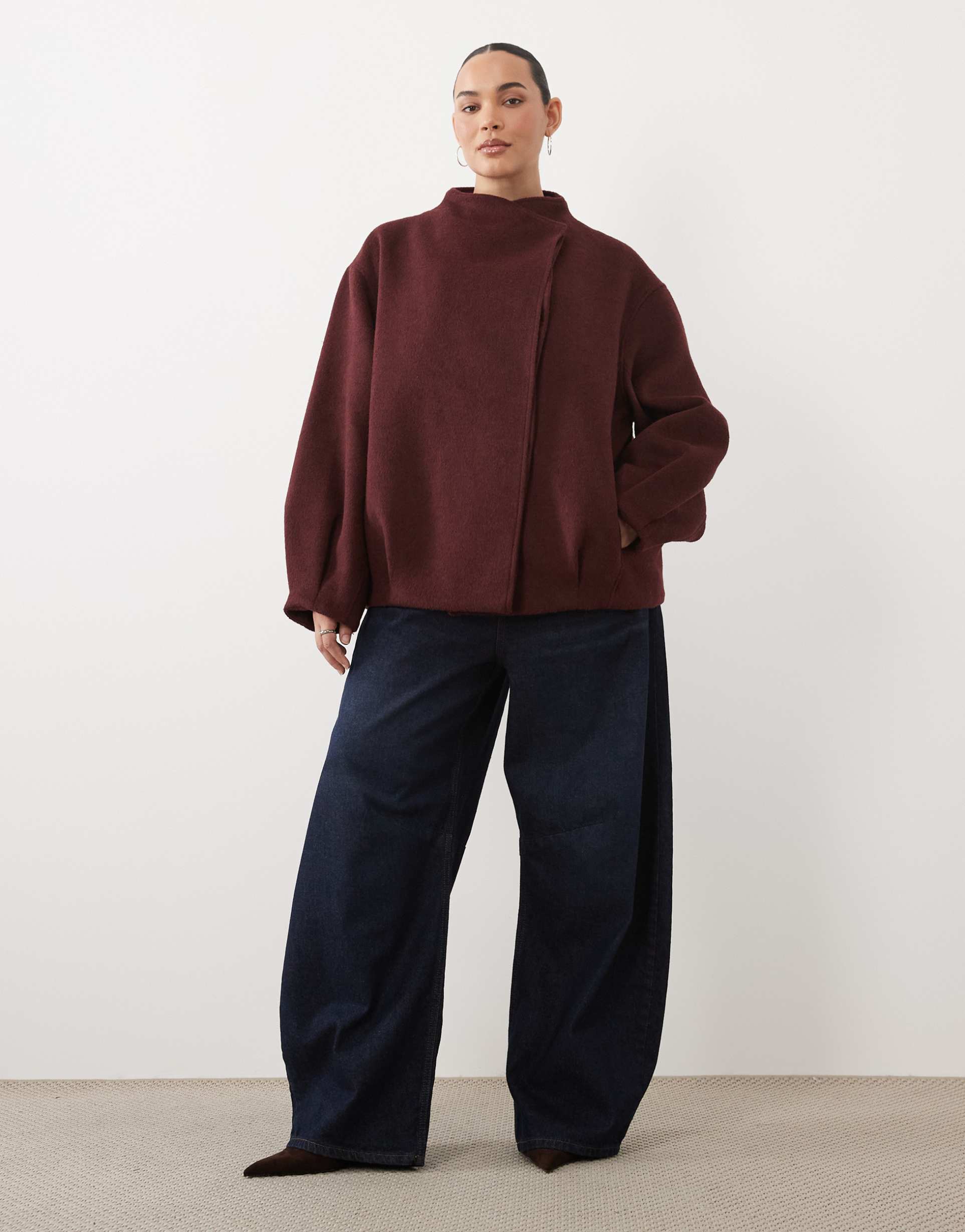 ASOS DESIGN Curve short formal waterfall coat with wool in burgundy