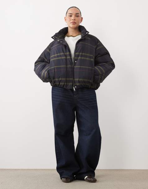 ASOS DESIGN Curve short funnel neck padded jacket in dark check - view 1