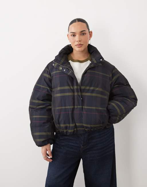 ASOS DESIGN Curve short funnel neck padded jacket in dark check, 2 of 4