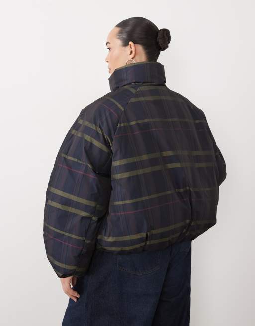 ASOS DESIGN Curve short funnel neck padded jacket in dark check, 4 of 4