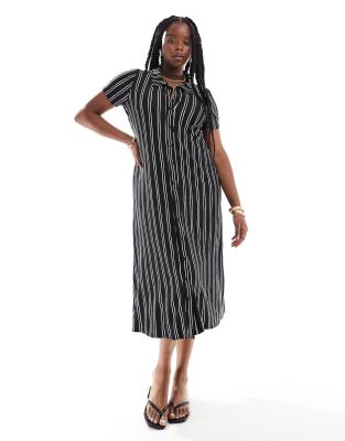 Asos Design Curve Short Sleeve Button Through Midi Dress In Black Stripe