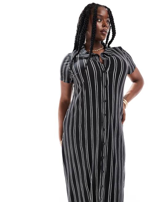 knee length dresses for ladies Striped Side Slit Short Sleeve Midi Dress Black / M main image 0