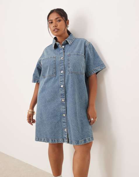 ASOS DESIGN Curve short sleeve denim shirt dress in midwash blue with pockets - view 1