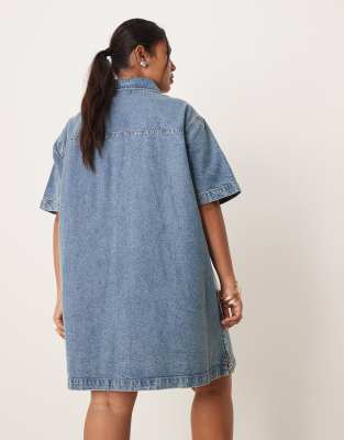 Asos Curve Asos Design Curve Short Sleeve Denim Shirt Dress In Blue
