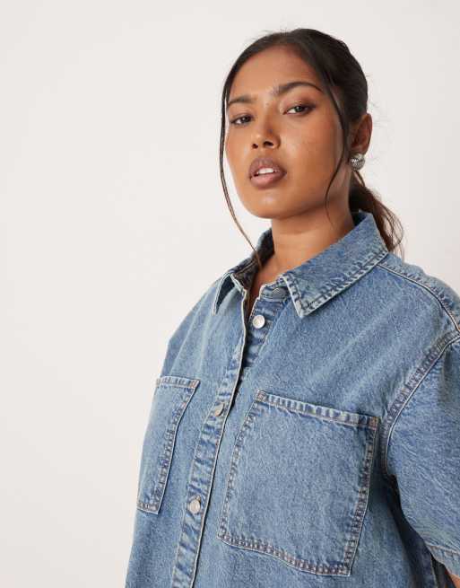 ASOS DESIGN Curve short sleeve denim shirt dress in midwash blue with  pockets
