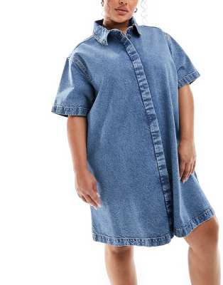 Asos Curve Asos Design Curve Short Sleeve Denim Shirt Dress In Midwash Blue