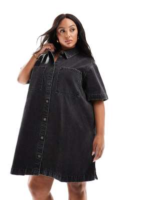 Asos Curve Asos Design Curve Short Sleeve Denim Shirt Dress In Wash Black