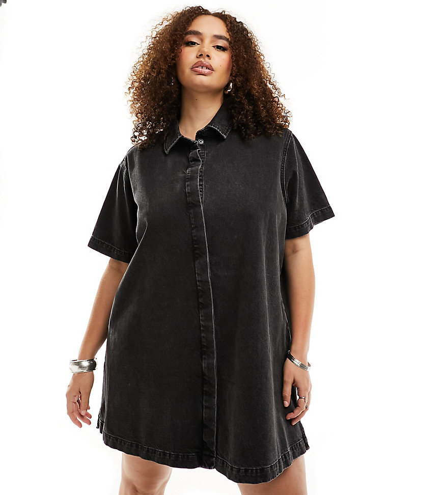 Asos Curve Asos Design Curve Short Sleeve Denim Shirt Dress In Wash Black