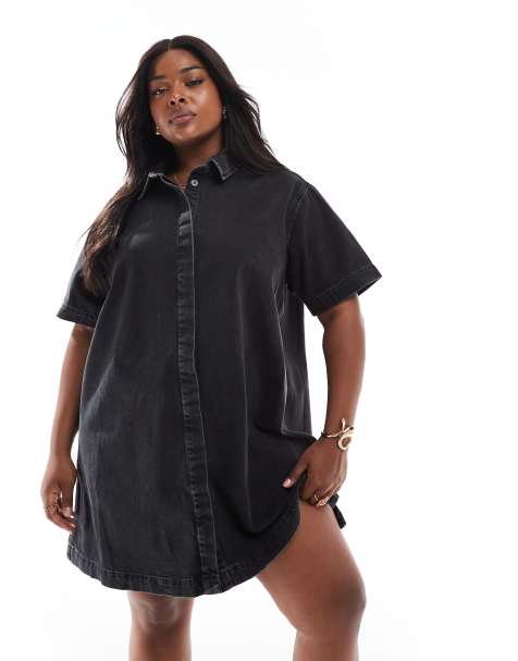 ASOS DESIGN Curve short sleeve denim shirt dress in wash black - view 1
