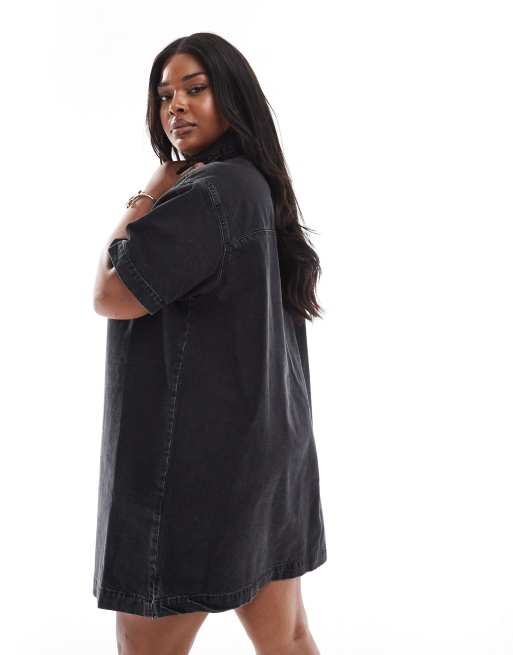 ASOS DESIGN Curve short sleeve denim shirt dress in wash black, 3 of 4