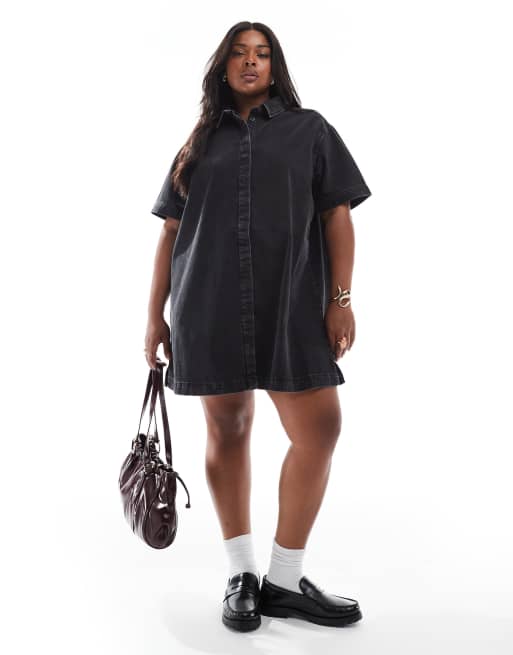 ASOS DESIGN Curve short sleeve denim shirt dress in wash black