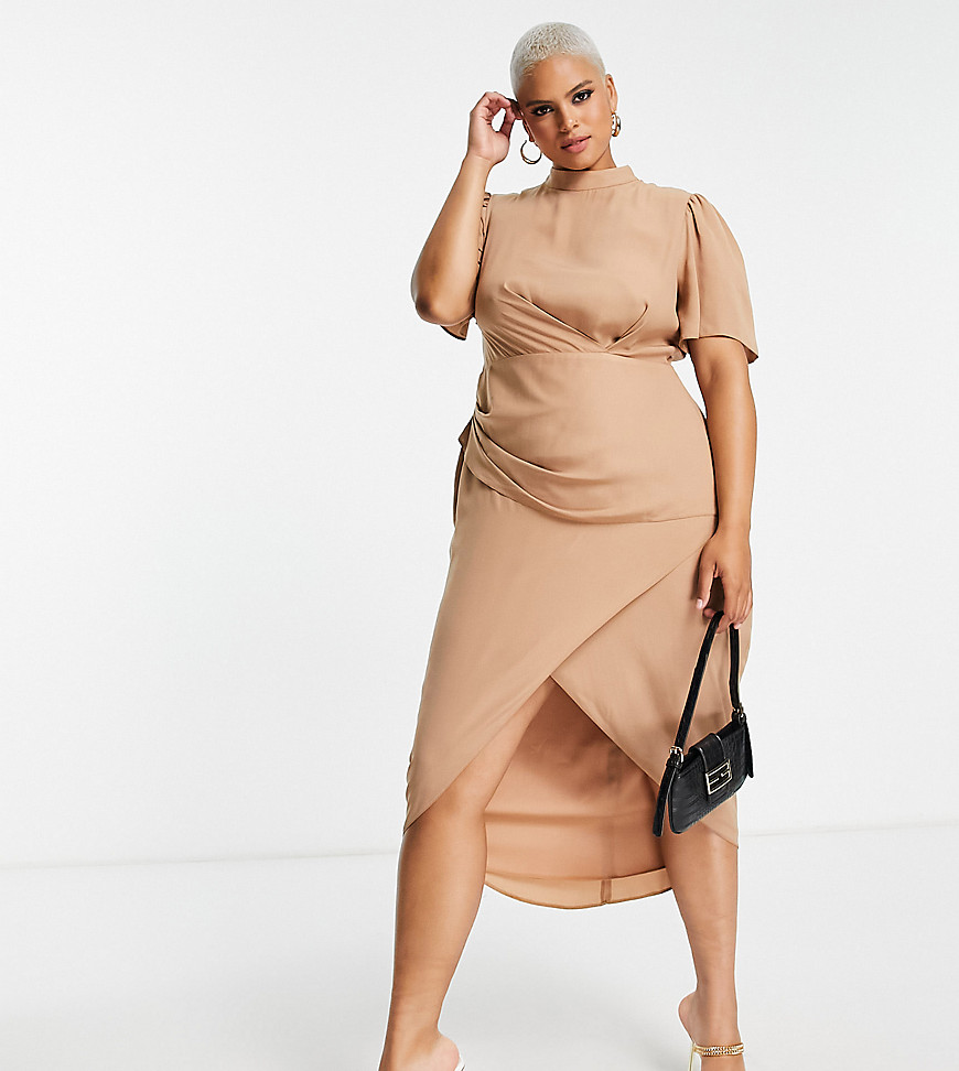 Plus-size dress by ASOS DESIGN Love at first scroll High neck Short sleeves Button and zip-back fastenings Regular fit