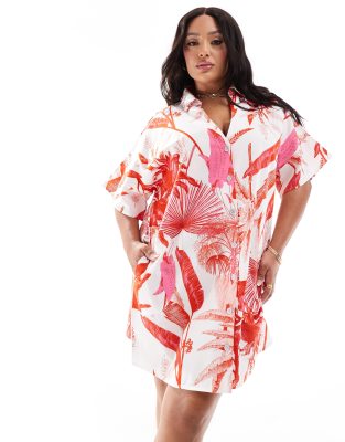 Asos Curve Asos Design Curve Short Sleeve Linen Boxy Mini Shirt Dress In Red Tropical Print-multi