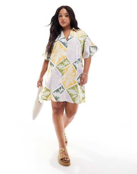 ASOS DESIGN Curve short sleeve linen boxy mini shirt dress in tile print - view 1