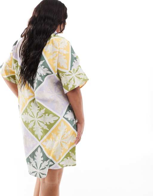 ASOS DESIGN Curve short sleeve linen look boxy mini shirt dress in tile  print | ASOS