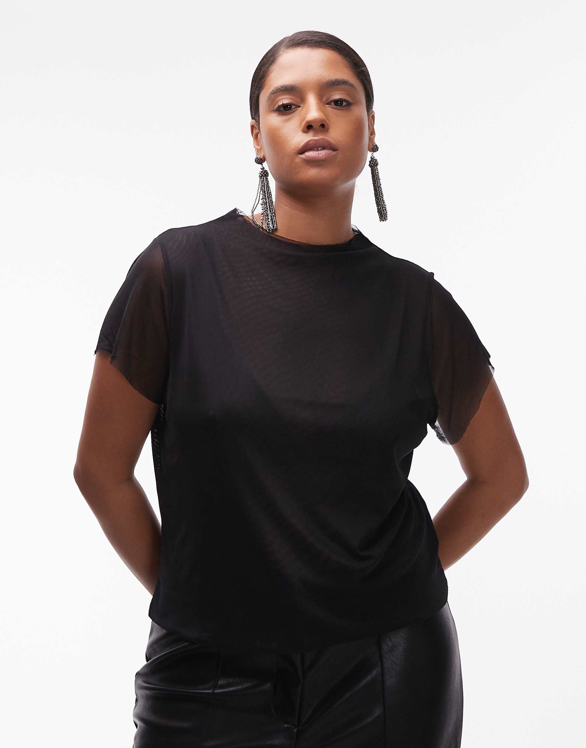 asos design curve short sleeve mesh top in black