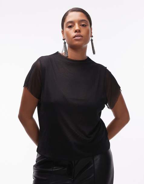 ASOS DESIGN Curve short sleeve sheer mesh top in black