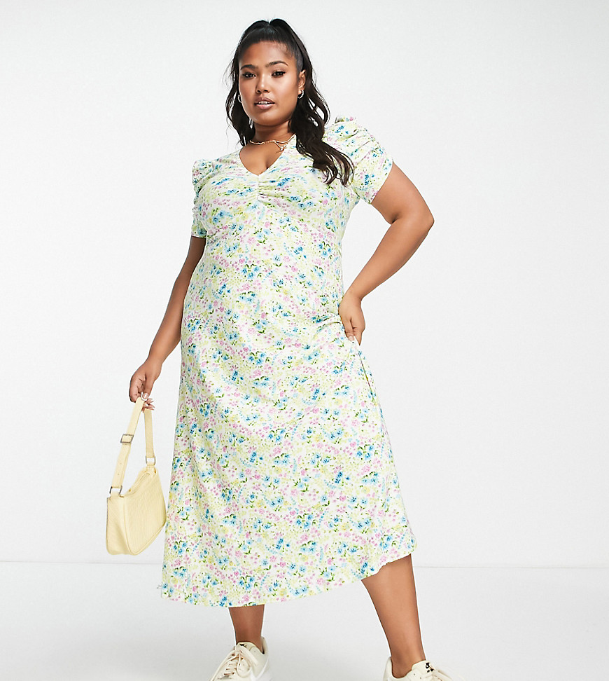 Asos Curve Asos Design Curve Short Sleeve Midi Tea Dress With Ruched Bust In Pastel Floral-multi
