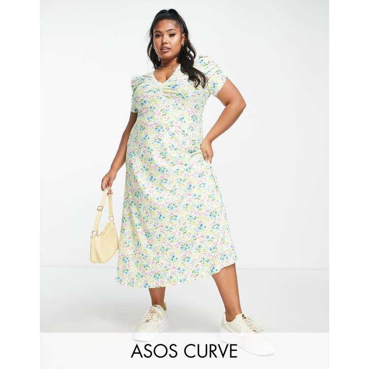 ASOS DESIGN Curve short sleeve midi tea dress with ruched bust in