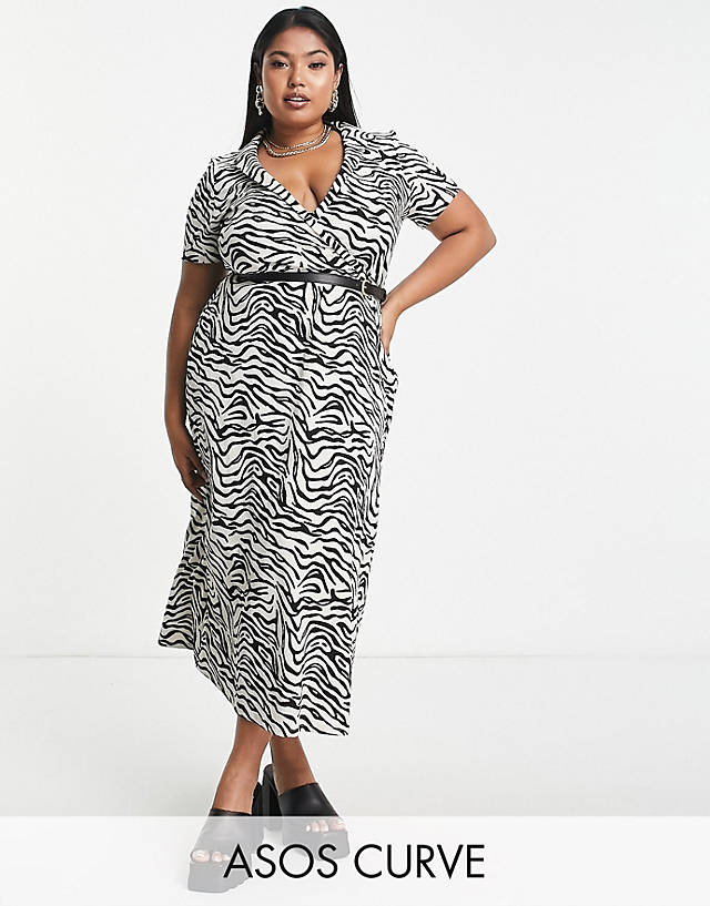 ASOS Curve - ASOS DESIGN Curve short sleeve midi wrap dress with belt in mono zebra print