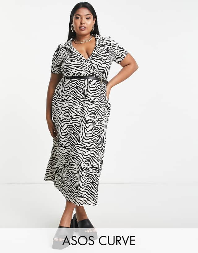 ASOS Curve - ASOS DESIGN Curve short sleeve midi wrap dress with belt in mono zebra print