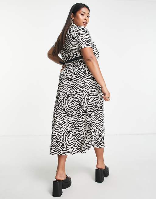 ASOS DESIGN Curve short sleeve midi wrap dress with belt in mono zebra print , 2 of 4
