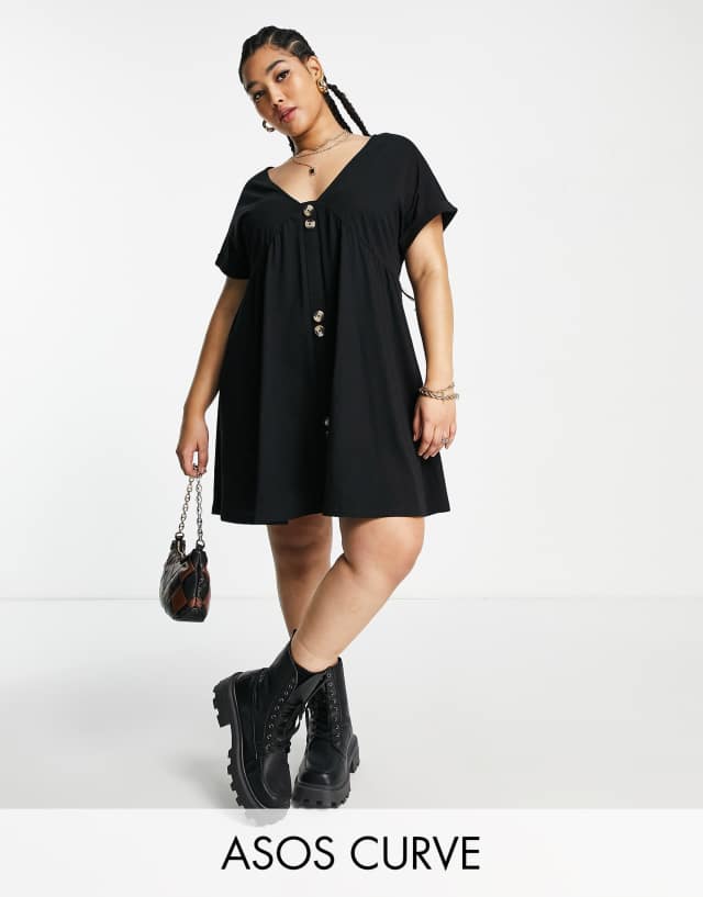 ASOS DESIGN Curve short sleeve mini smock dress with large button detail in black