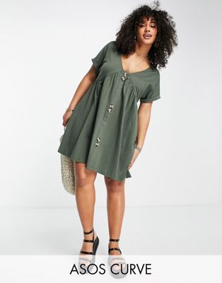 ASOS DESIGN Curve short sleeve mini smock dress with large button detail in khaki