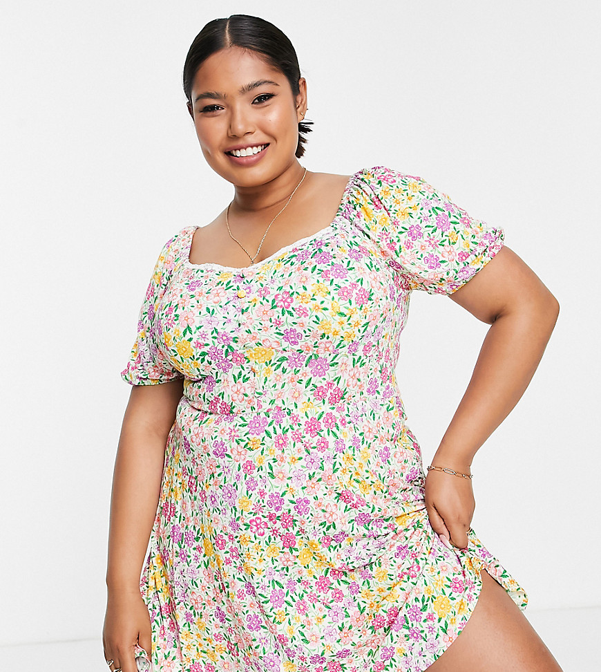 ASOS DESIGN Curve short sleeve mini tea dress with lace trim in bright floral-Multi