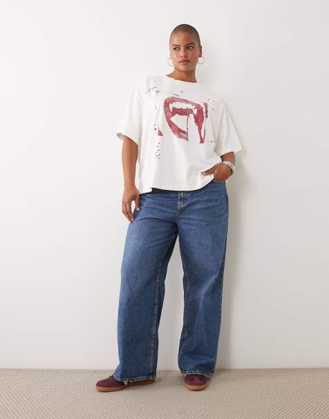ASOS DESIGN Curve short sleeve oversized teeth graphic top in cream - view 1