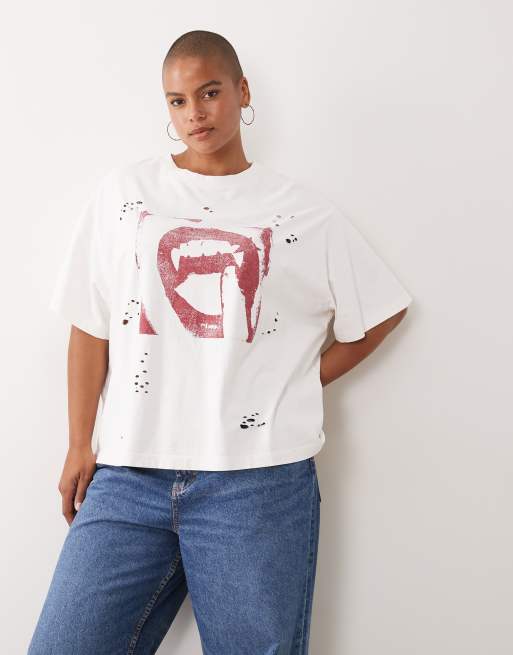 ASOS DESIGN Curve short sleeve oversized teeth graphic top in cream, 2 of 4