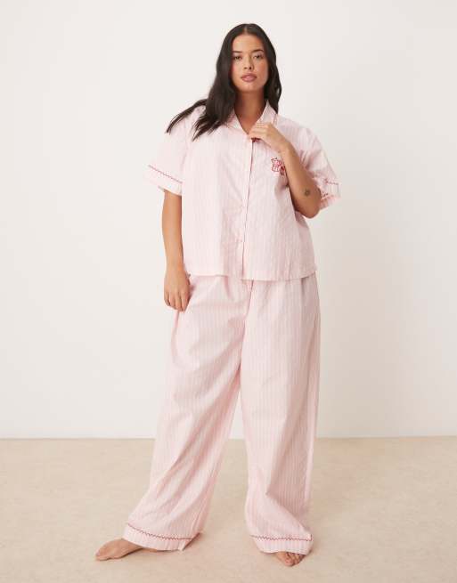 ASOS DESIGN Curve short sleeve pyjama set with coffee break embroidery in pink stripe   