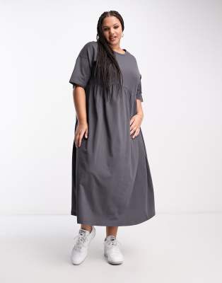 Asos Design Curve Short Sleeve Seam Detail Midi Smock Dress In Charcoal-Multi