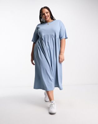 ASOS DESIGN Curve short sleeve seam detail midi smock dress in washed blue