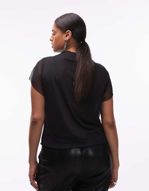 ASOS DESIGN Curve short sleeve sheer mesh top in black, 4 of 4