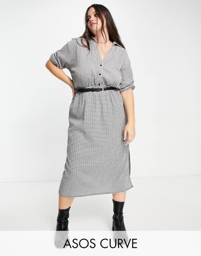 ASOS DESIGN Curve short sleeve shirt midi dress with belt in mono check