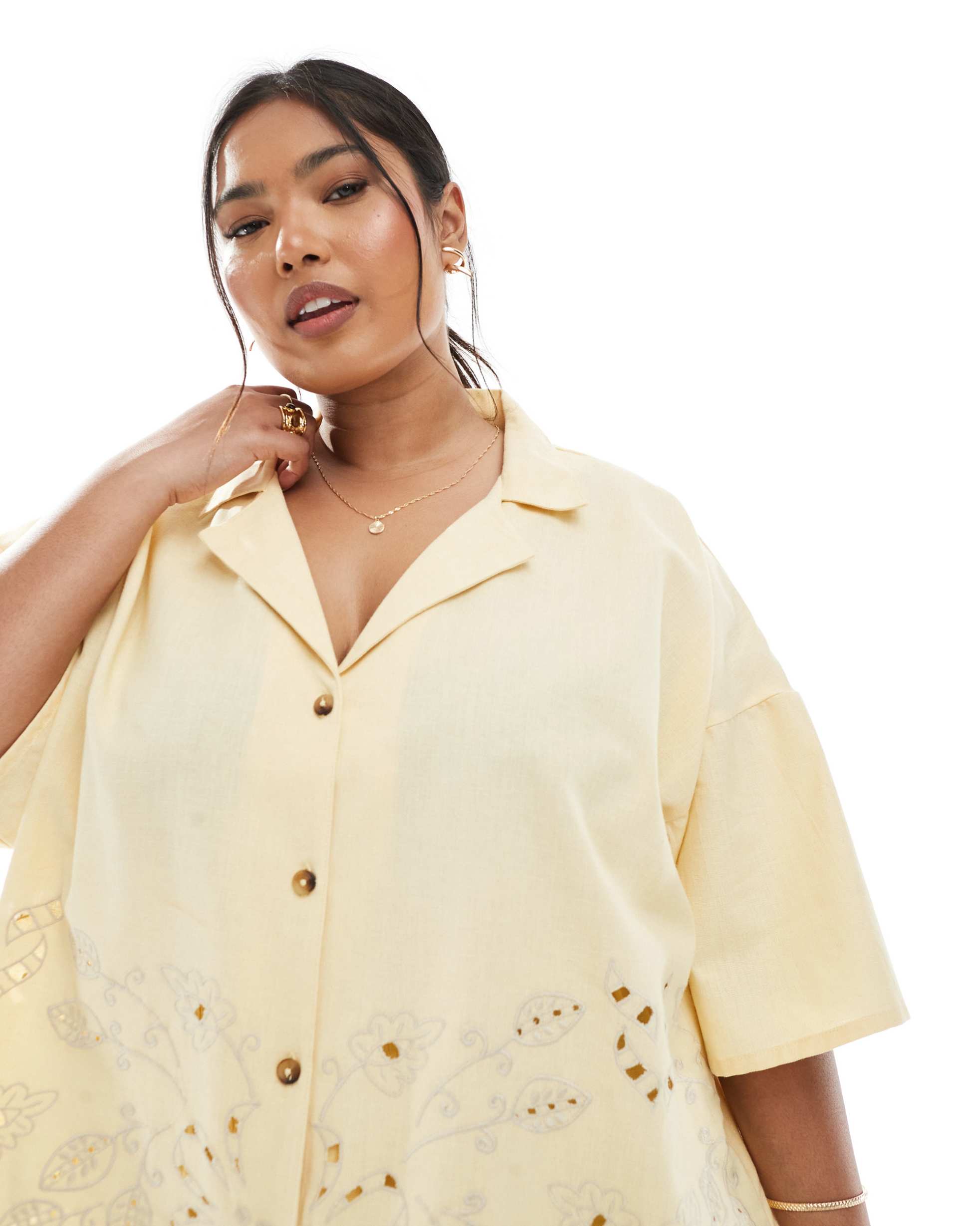 asos design curve short sleeve shirt with camp collar with broderie detail in straw - part of a set